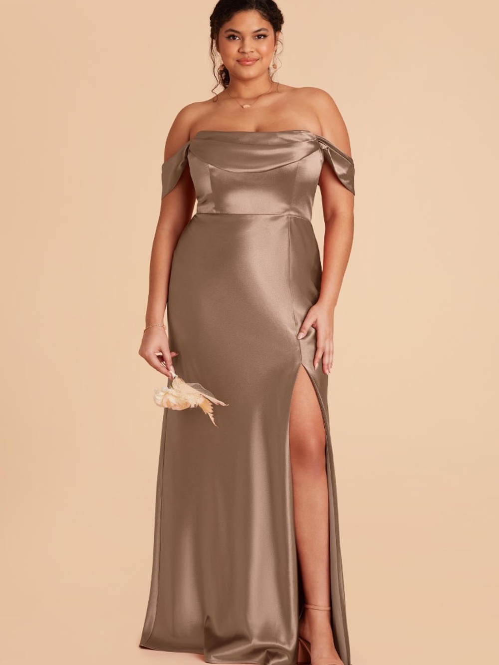 Mia Shiny Satin Dress in Mocha - Picture 2 of 4